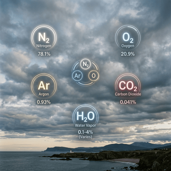 N₂ Nitrogen 78.1%; O₂ Oxygen 20.9%; Ar Argon 0.93%; CO₂ Carbon Dioxide 0.041%; H₂O Water Vapor 0.1–4% (Varies); central molecular diagram labeled N₂, Ar, and O.