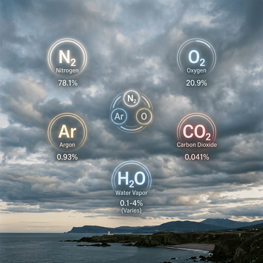 N₂ Nitrogen 78.1%; O₂ Oxygen 20.9%; Ar Argon 0.93%; CO₂ Carbon Dioxide 0.041%; H₂O Water Vapor 0.1–4% (Varies); central molecular diagram labeled N₂, Ar, and O.